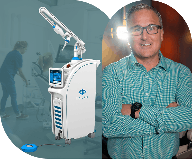 An image of Solea machine, and Dr Jenkins crossing his arms in a studio setting.