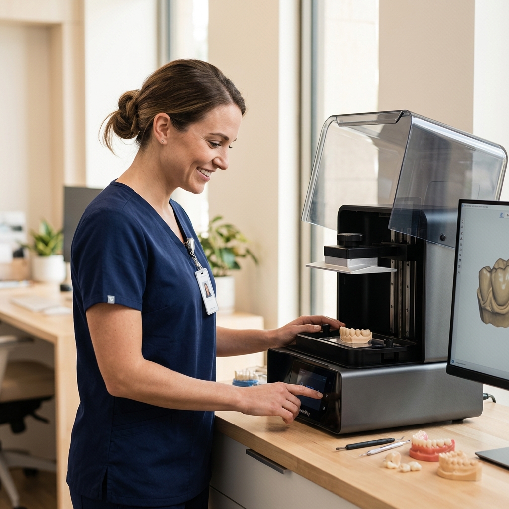 In-house SprintRay 3D printing for same-day dental restorations at Jenkins Family Dentistry in Floyds Knobs, IN.